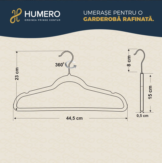 Umeraș antialunecare acoperit cu catifea gri, cu bară pentru pantaloni - ideal pentru rochii, fuste, pantaloni, bluze și tricouri - HUMERO