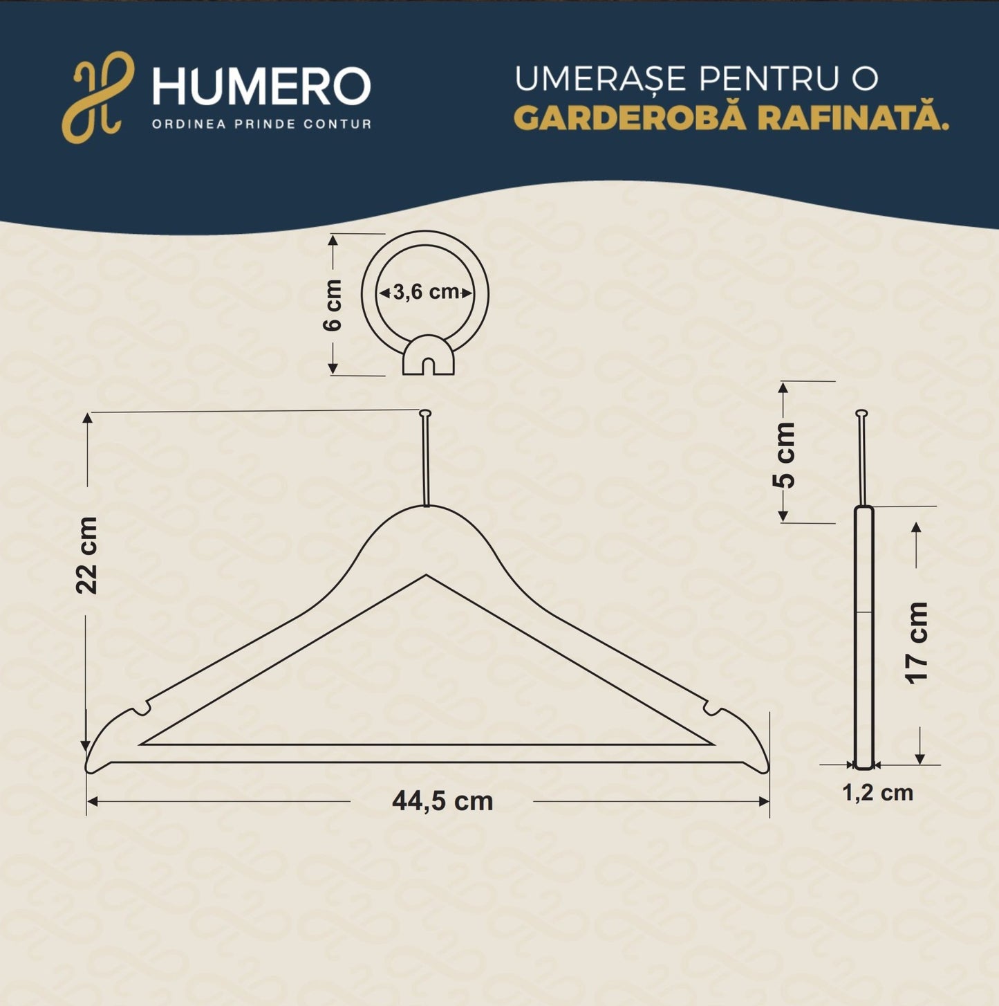Umeraș hotelier din lemn natur, cu cârlig antifurt si bară pentru pantaloni - ideal pentru cămăși, bluze, pantaloni, tricouri și rochii - HUMERO