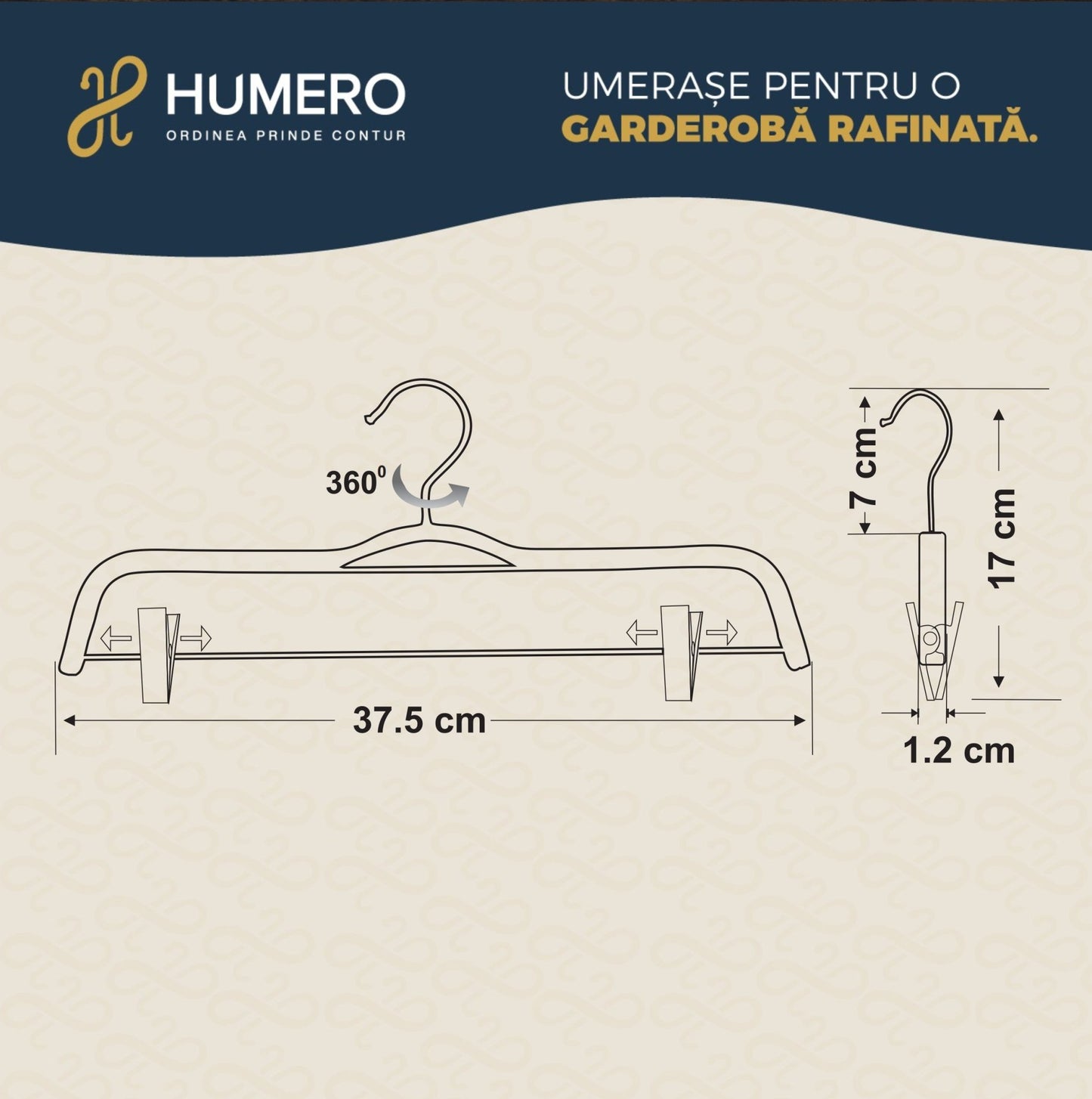 Umeraș compact din lemn natur cu clipsuri metalice pentru pantaloni - ideal pentru fuste și pantaloni - HUMERO