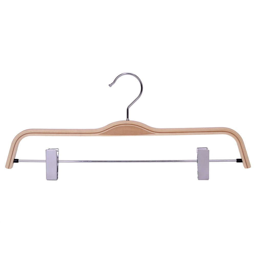 Umeraș compact din lemn natur cu clipsuri metalice pentru pantaloni - ideal pentru fuste și pantaloni - HUMERO