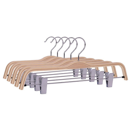 Umeraș compact din lemn natur cu clipsuri metalice pentru pantaloni - ideal pentru fuste și pantaloni - HUMERO