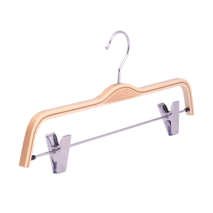 Umeraș compact din lemn natur cu clipsuri metalice pentru pantaloni - ideal pentru fuste și pantaloni - HUMERO