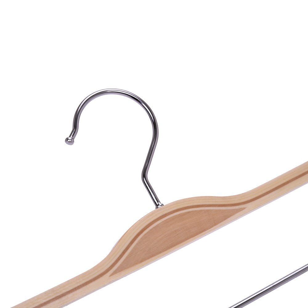 Umeraș compact din lemn natur cu clipsuri metalice pentru pantaloni - ideal pentru fuste și pantaloni - HUMERO
