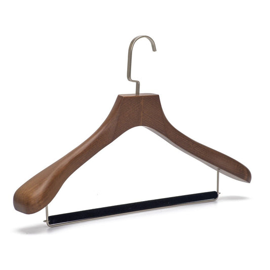 Umeraș de lux pentru costum din lemn masiv maro vintage cu umeri lați si bară pentru pantaloni - ideal pentru costume, sacouri, pantaloni, cămăși, tricouri, jachete și bluze - HUMERO