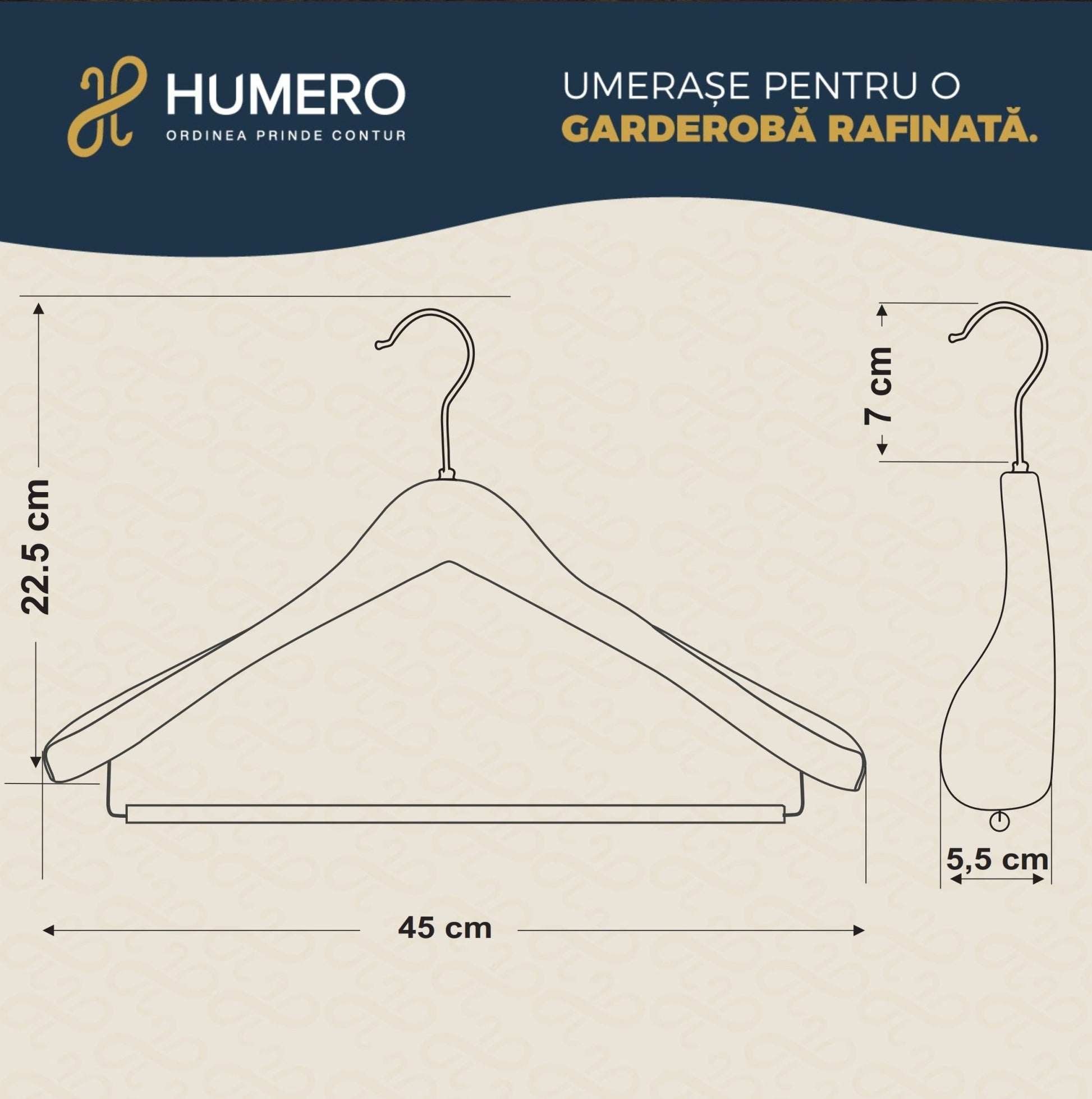 Umeraș de lux pentru costum din lemn masiv maro vintage cu umeri lați si bară pentru pantaloni - ideal pentru costume, sacouri, pantaloni, cămăși, tricouri, jachete și bluze - HUMERO