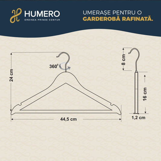 Umeraș din lemn de arțar alb cu bară pentru pantaloni - ideal pentru cămăși, bluze, pantaloni, tricouri și rochii - HUMERO