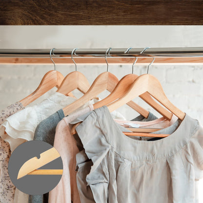 Umeraș din lemn de arțar natur cu bară pentru pantaloni - ideal pentru cămăși, bluze, pantaloni, tricouri și rochii - HUMERO