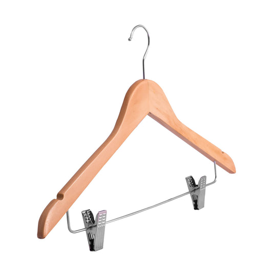 Umeraș din lemn de arțar natur cu clipsuri metalice - ideal pentru cămăși, bluze, pantaloni, tricouri și rochii - HUMERO