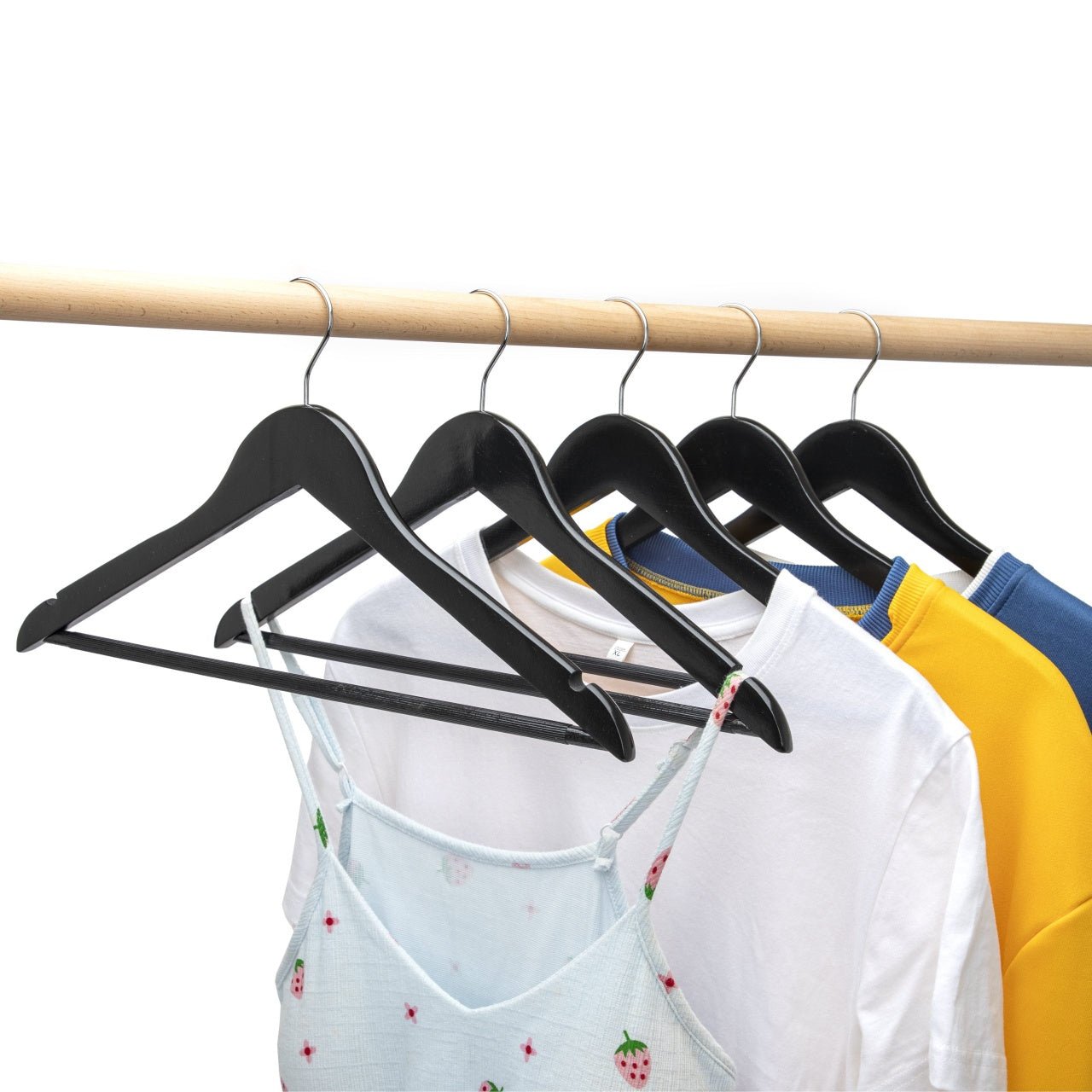 Umeraș din lemn de arțar negru cu bară pentru pantaloni - ideal pentru cămăși, bluze, pantaloni, tricouri și rochii - HUMERO