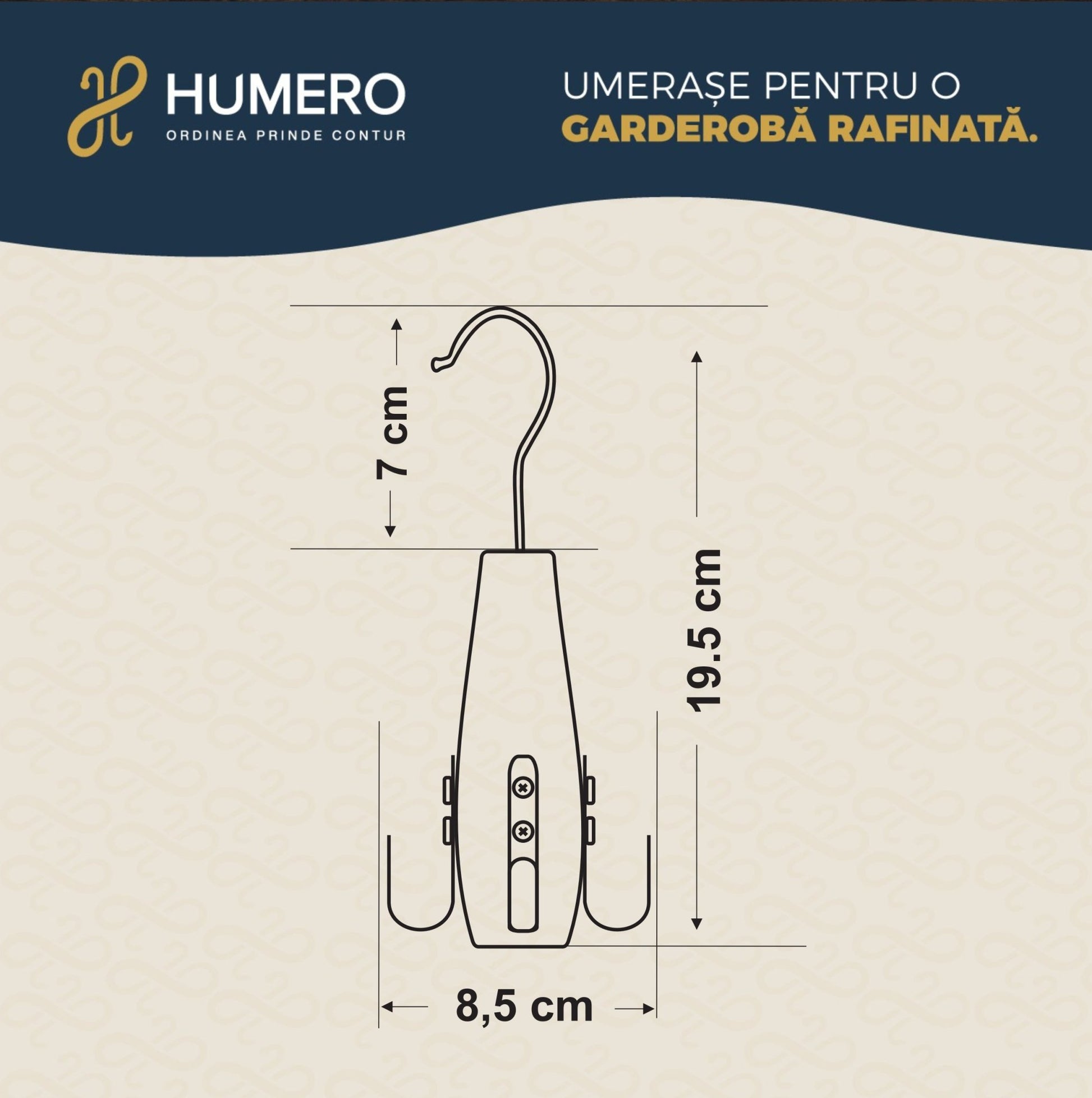 Umeraș din lemn natur cu 4 agățători metalice - ideal pentru articole speciale - HUMERO