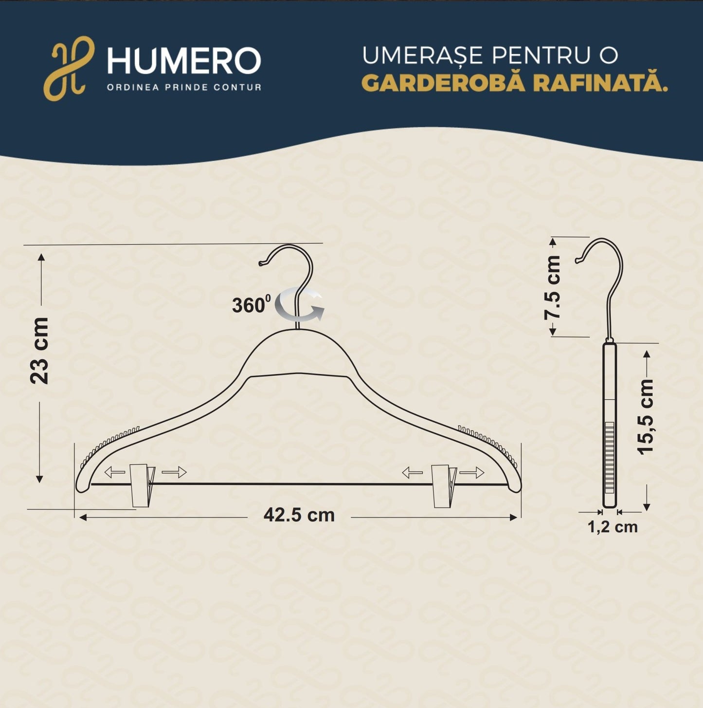 Umeraș din lemn natur cu clipsuri metalice - ideal pentru rochii, pantaloni, fuste, bluze, cămăși, jachete și tricouri - HUMERO