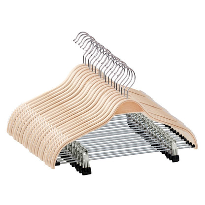Umeraș din lemn natur cu clipsuri metalice - ideal pentru rochii, pantaloni, fuste, bluze, cămăși, jachete și tricouri - HUMERO