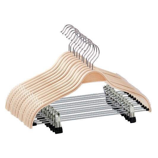 Umeraș din lemn natur cu clipsuri metalice - ideal pentru rochii, pantaloni, fuste, bluze, cămăși, jachete și tricouri - HUMERO
