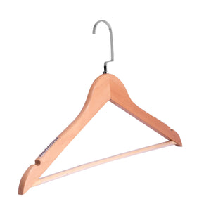 Umeraș din lemn natur cu striații antialunecare si bară pentru pantaloni - ideal pentru pantaloni, rochii, fuste, cămăși, bluze, jachete și tricouri - HUMERO