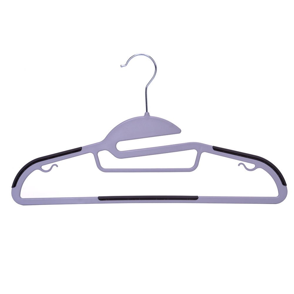 Umeraș din plastic gri cu margini antialunecare si bară pentru pantaloni - ideal pentru rochii, pantaloni, fuste, bluze și tricouri - HUMERO