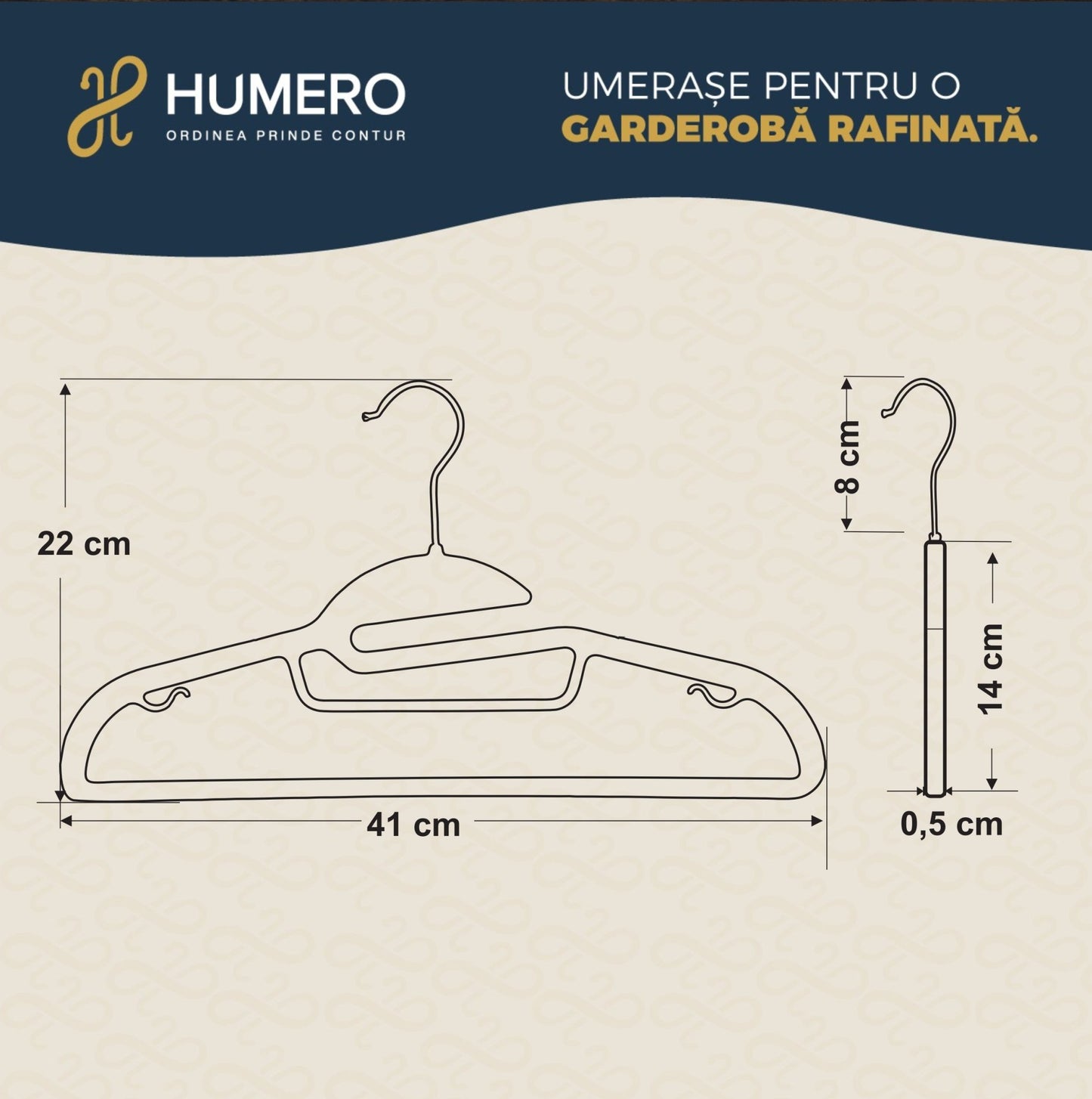 Umeraș din plastic gri cu margini antialunecare si bară pentru pantaloni - ideal pentru rochii, pantaloni, fuste, bluze și tricouri - HUMERO