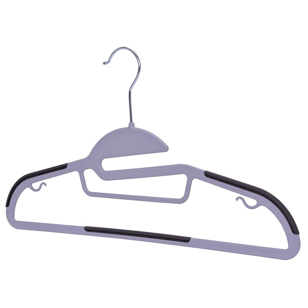 Umeraș din plastic gri cu margini antialunecare si bară pentru pantaloni - ideal pentru rochii, pantaloni, fuste, bluze și tricouri - HUMERO