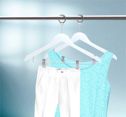 Umeraș hotelier din lemn alb cu cârlig antifurt și clipsuri metalice - ideal pentru cămăși, bluze, pantaloni, tricouri și rochii - HUMERO