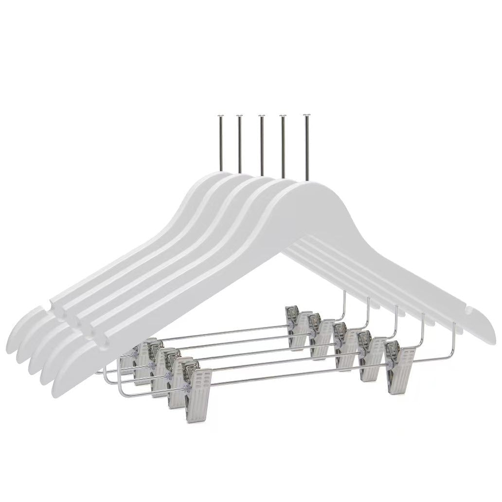 Umeraș hotelier din lemn alb cu cârlig antifurt și clipsuri metalice - ideal pentru cămăși, bluze, pantaloni, tricouri și rochii - HUMERO