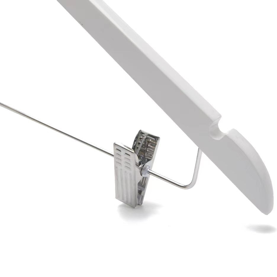 Umeraș hotelier din lemn alb cu cârlig antifurt și clipsuri metalice - ideal pentru cămăși, bluze, pantaloni, tricouri și rochii - HUMERO