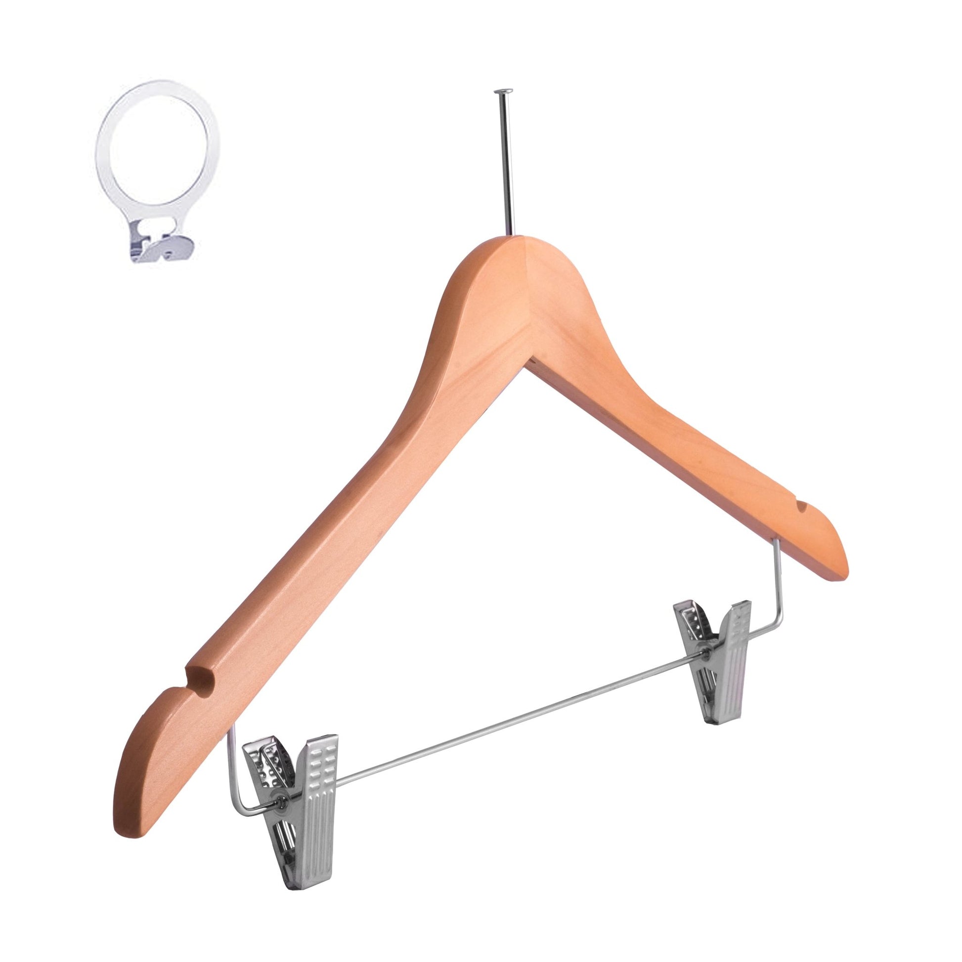 Umeraș hotelier din lemn natur cu cârlig antifurt și clipsuri metalice – ideal pentru cămăși, bluze, pantaloni, tricouri și rochii - HUMERO
