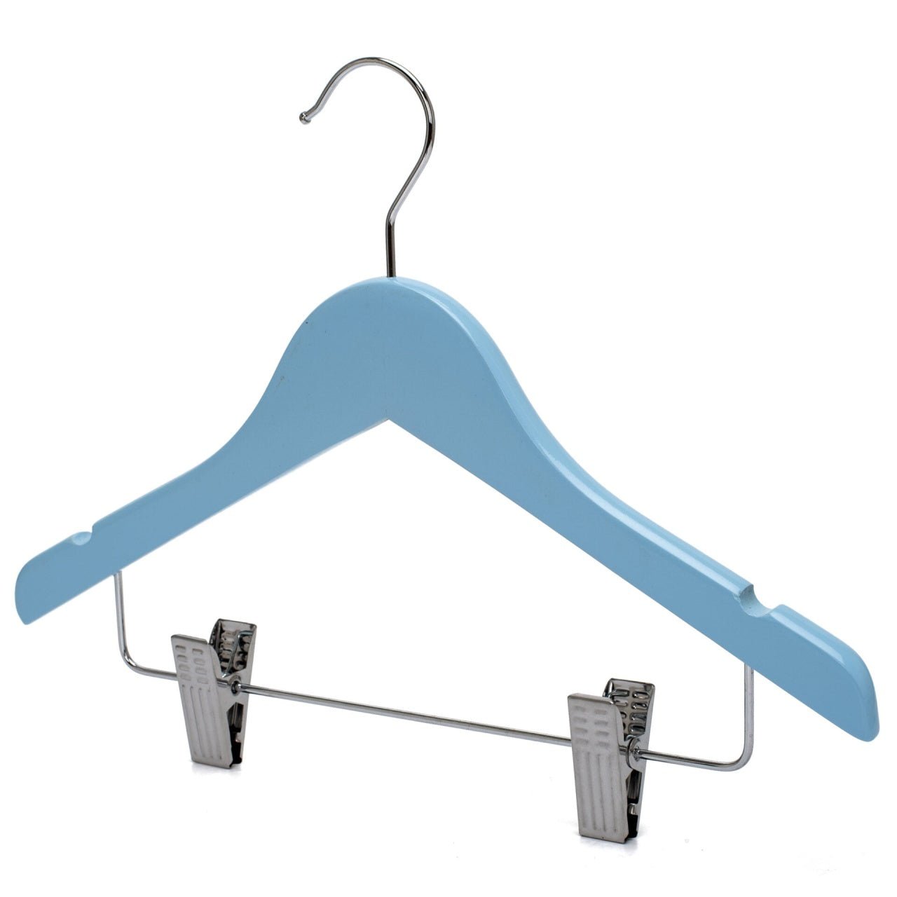 Umeraș pentru copii din lemn de arțar albastru cu clipsuri metalice pentru pantaloni - ideal pentru tricouri, bluze și pantaloni - HUMERO