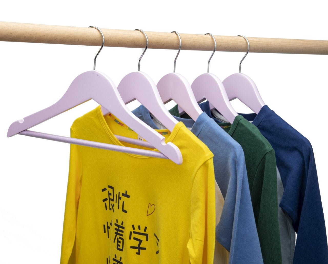 Umeraș pentru copii din lemn de arțar roz cu bară pentru pantaloni - ideal pentru tricouri, bluze și pantaloni - HUMERO
