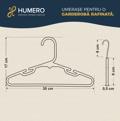 Umeraș pentru copii din plastic alb cu design ergonomic cu bară pentru pantaloni - ideal pentru pantaloni, rochii, fuste, cămăși, bluze și tricouri - HUMERO